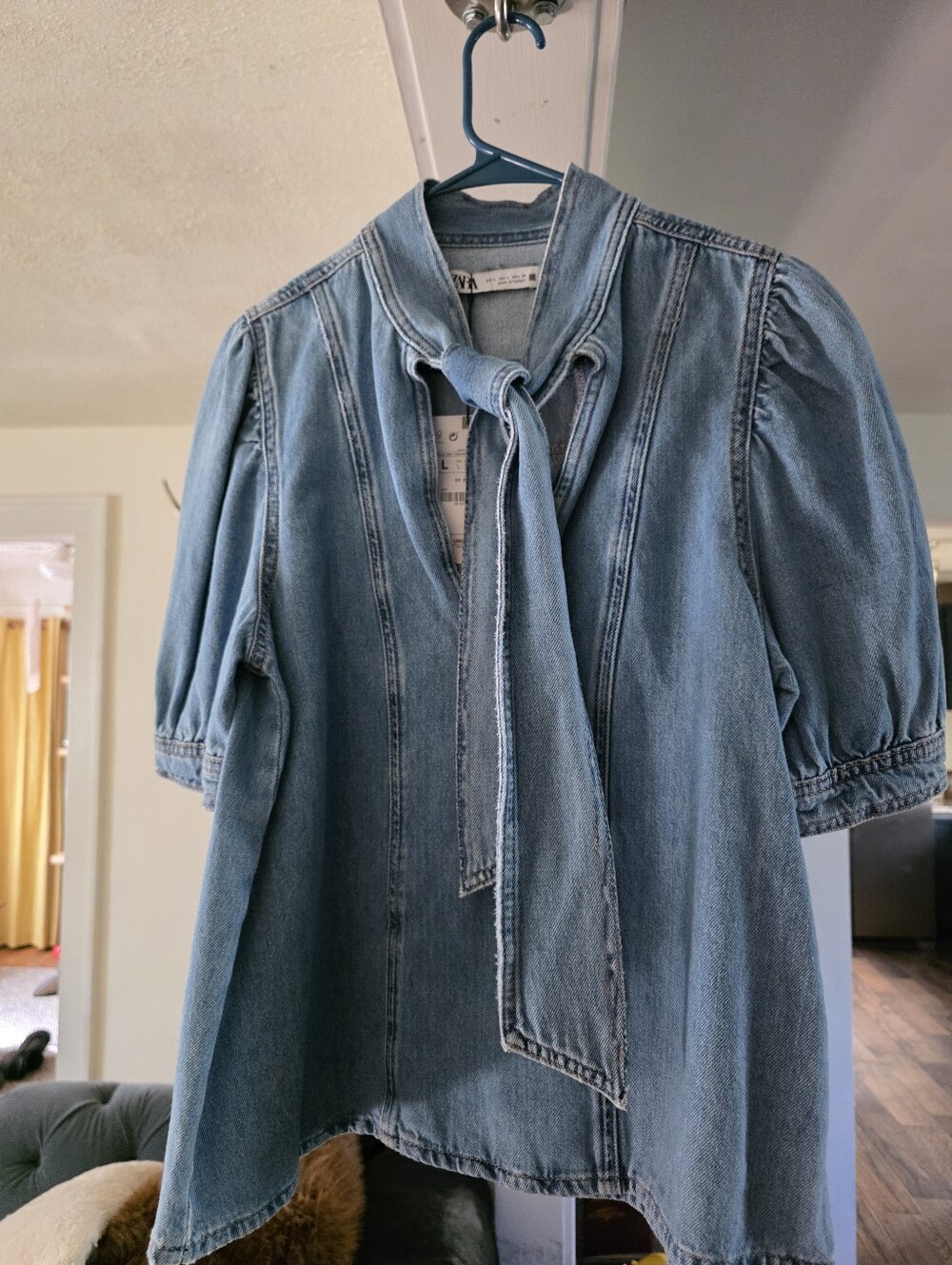 Zara NWT Light Blue Denim Tie-Neck Blouse